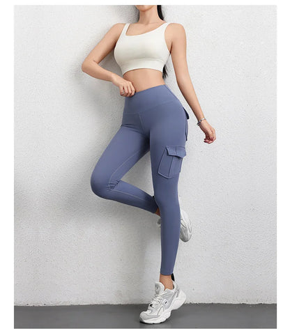 Multi-pocket High Waist Solid Color Yoga Pants  Sporting Workout Leggins Pants Yoga Leggings For Women Elastic Slim leggings