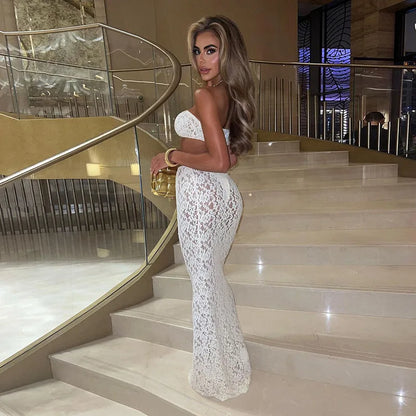 Articat Sexy Lace Tight Two Piece Set For Women's Summer New Solid Color Lace Top High Waist Perspective Long Dress Set 2024