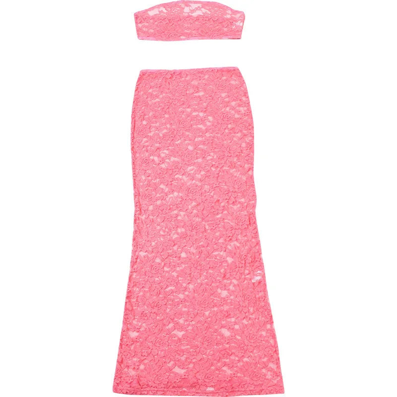 Articat Sexy Lace Tight Two Piece Set For Women's Summer New Solid Color Lace Top High Waist Perspective Long Dress Set 2024