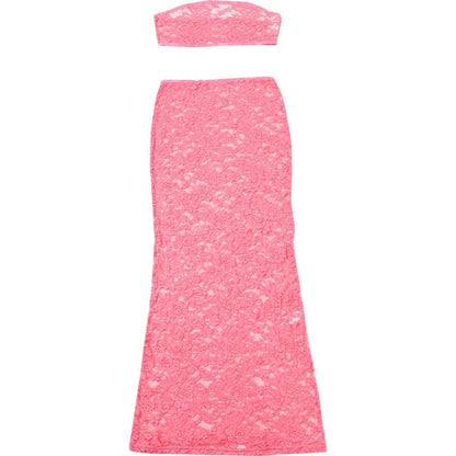 Articat Sexy Lace Tight Two Piece Set For Women's Summer New Solid Color Lace Top High Waist Perspective Long Dress Set 2024
