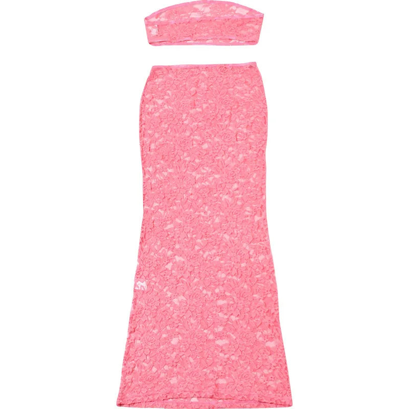 Articat Sexy Lace Tight Two Piece Set For Women's Summer New Solid Color Lace Top High Waist Perspective Long Dress Set 2024