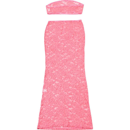 Articat Sexy Lace Tight Two Piece Set For Women's Summer New Solid Color Lace Top High Waist Perspective Long Dress Set 2024