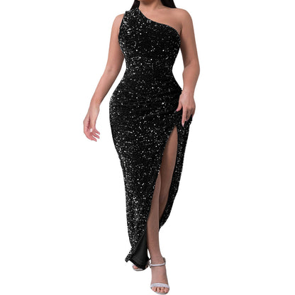Tops Elegant Outfits Summer Dresses For Women 2023 Sequins One Shoulder Sleeveless Solid Color Dress Formal Occasion Dresses