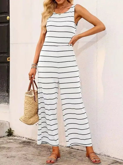 Striped cut loose jumpsuit, versatile spring and summer short-sleeved wide-leg jumpsuit, women clothing
