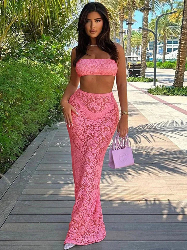 Articat Sexy Lace Tight Two Piece Set For Women's Summer New Solid Color Lace Top High Waist Perspective Long Dress Set 2024