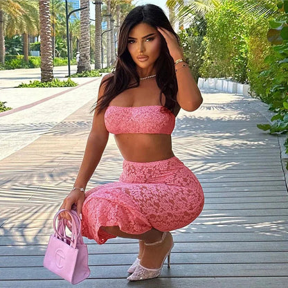 Articat Sexy Lace Tight Two Piece Set For Women's Summer New Solid Color Lace Top High Waist Perspective Long Dress Set 2024