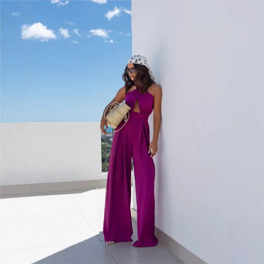 Sexy Solid Sleeveless Jumpsuit Spring Summer Fashion Commuter Women's Elegant Lapel Halter Neck Folds Wide Leg Trousers Jumpsuit