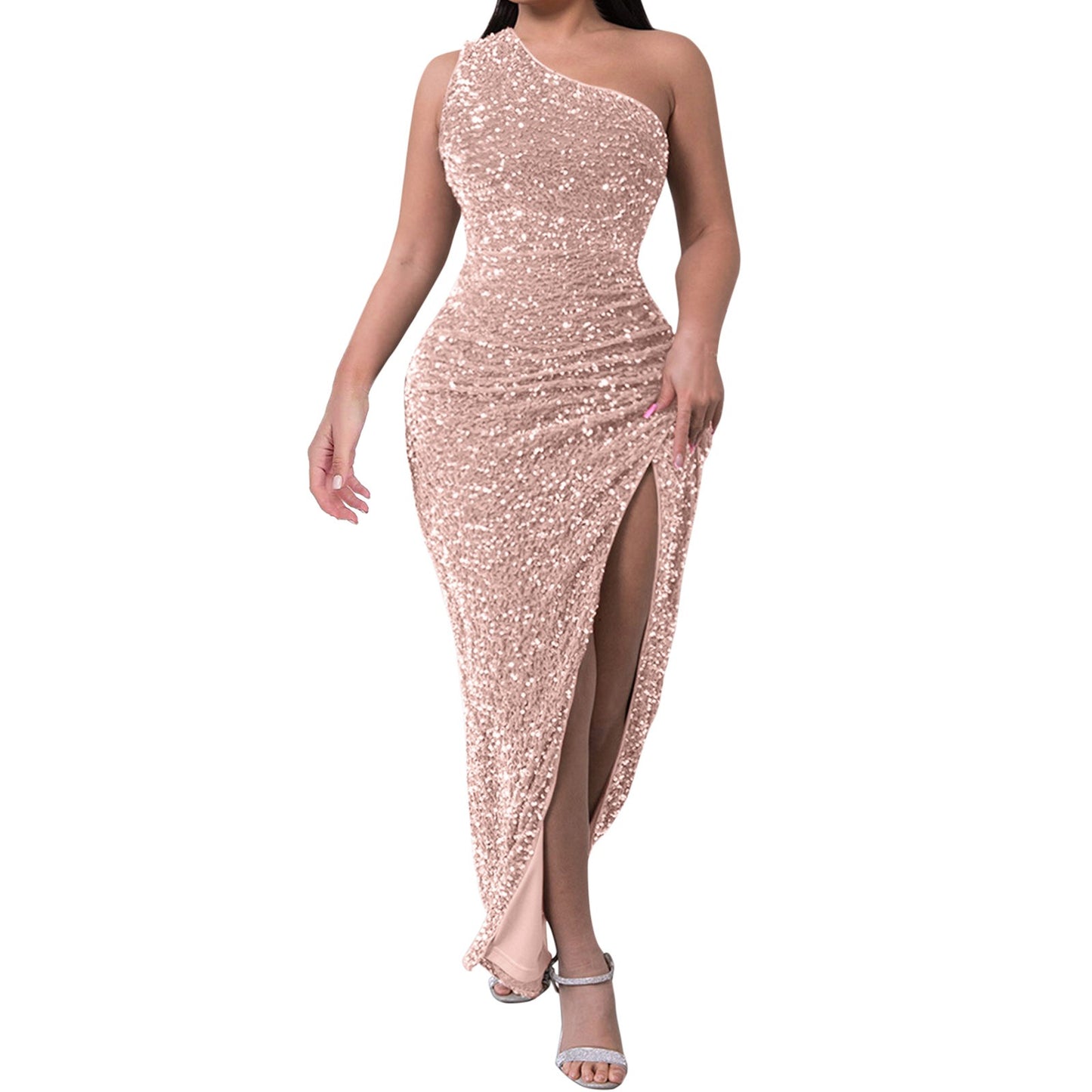 Tops Elegant Outfits Summer Dresses For Women 2023 Sequins One Shoulder Sleeveless Solid Color Dress Formal Occasion Dresses