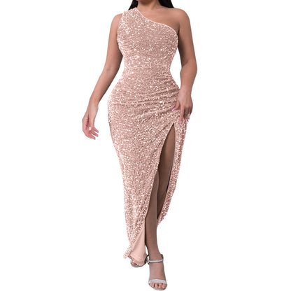 Tops Elegant Outfits Summer Dresses For Women 2023 Sequins One Shoulder Sleeveless Solid Color Dress Formal Occasion Dresses