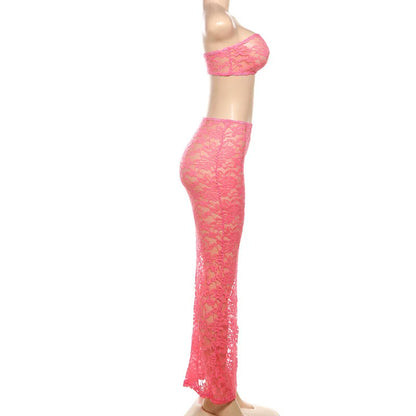 Articat Sexy Lace Tight Two Piece Set For Women's Summer New Solid Color Lace Top High Waist Perspective Long Dress Set 2024