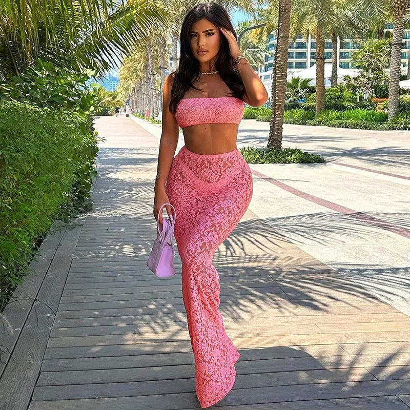 Articat Sexy Lace Tight Two Piece Set For Women's Summer New Solid Color Lace Top High Waist Perspective Long Dress Set 2024