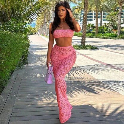 Articat Sexy Lace Tight Two Piece Set For Women's Summer New Solid Color Lace Top High Waist Perspective Long Dress Set 2024
