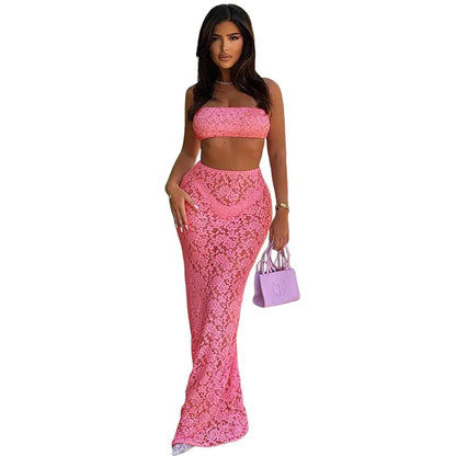 Articat Sexy Lace Tight Two Piece Set For Women's Summer New Solid Color Lace Top High Waist Perspective Long Dress Set 2024