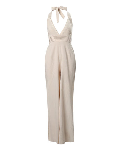 2023 Women Jumpsuits Lace Trim Buttoned Backless Slit Jumpsuit Jumpsuit