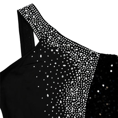 HBLL Women's Sexy One Shoulder Elegant Rhinestone Birthday Maxi Split Dress Sparkly Hot Drilling Bodycon Party Night Clubwear